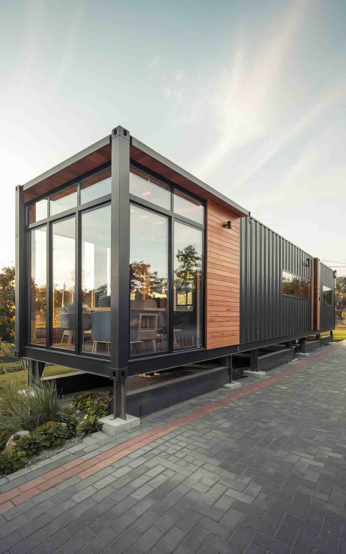 Black eco-friendly container house with a deck