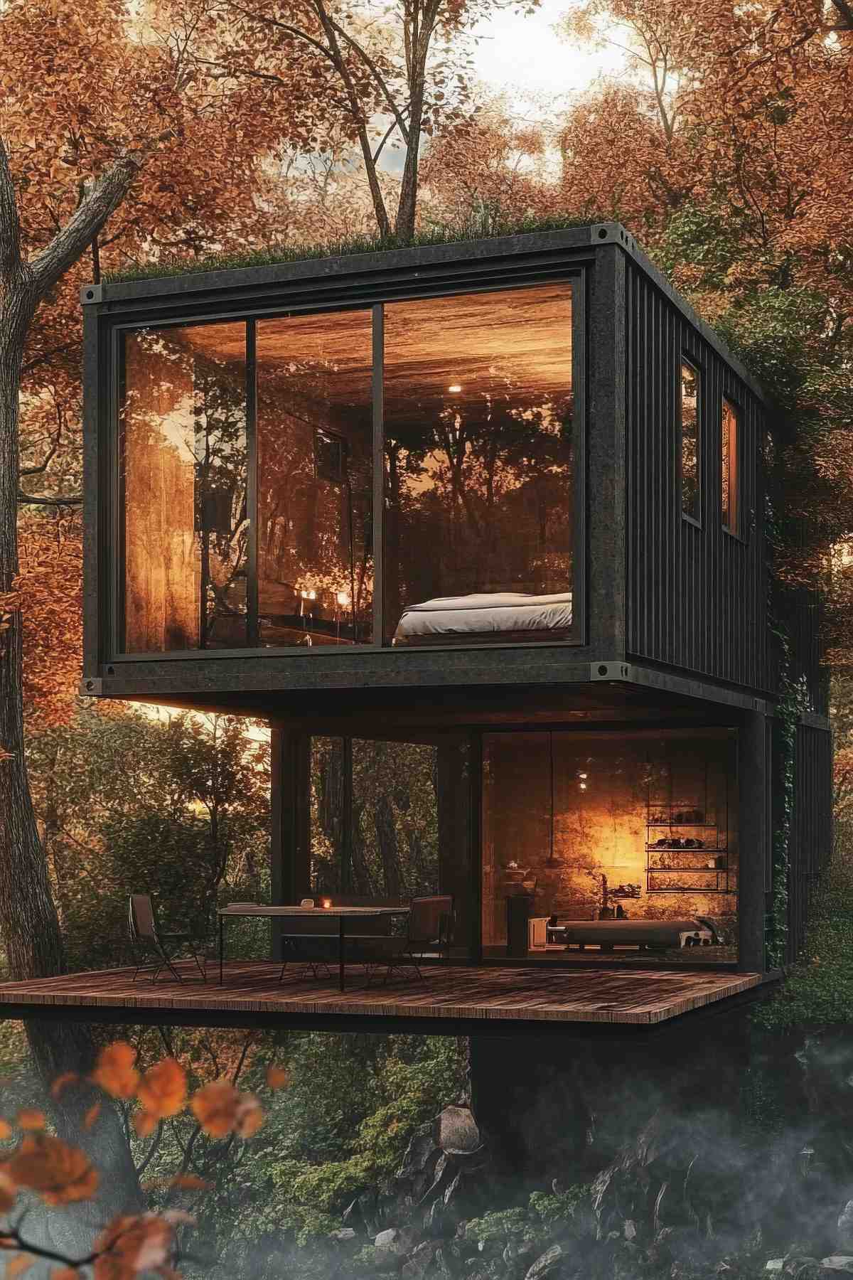 Black and wood container home in forest