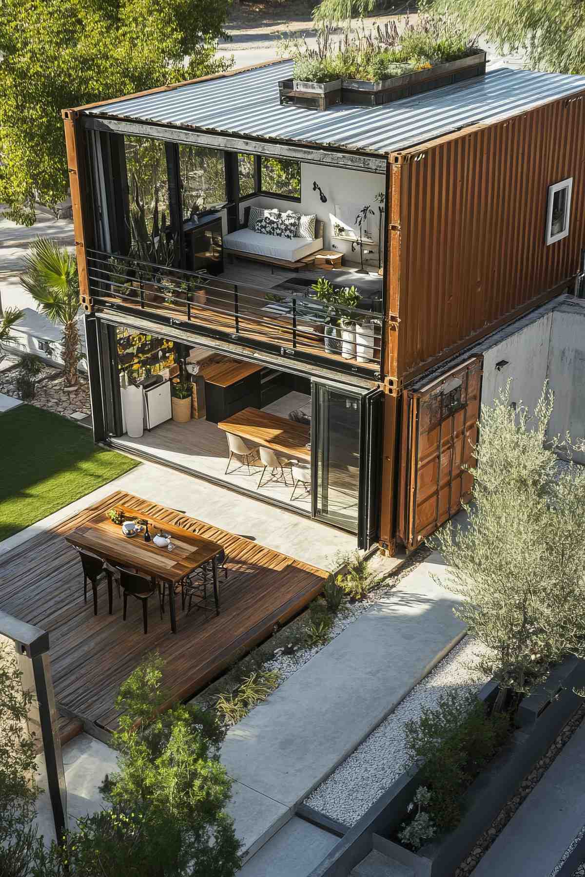 Sleek container house with large windows