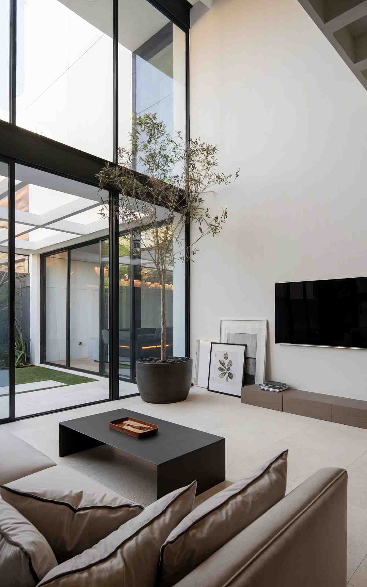 Minimalist double height living room