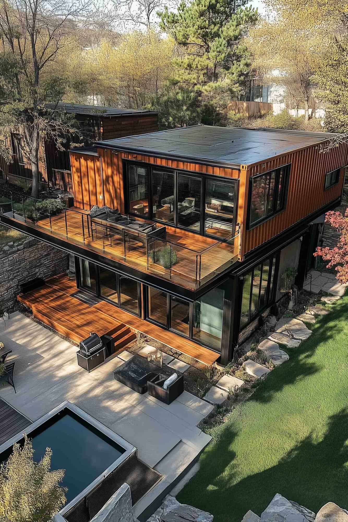 Elevated container retreat with glass walls