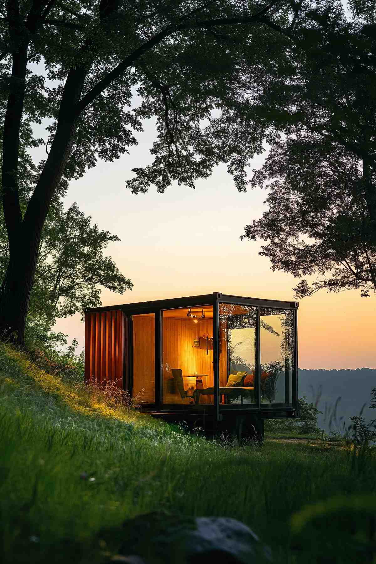 Glass-walled cabin with wooden deck in the forest