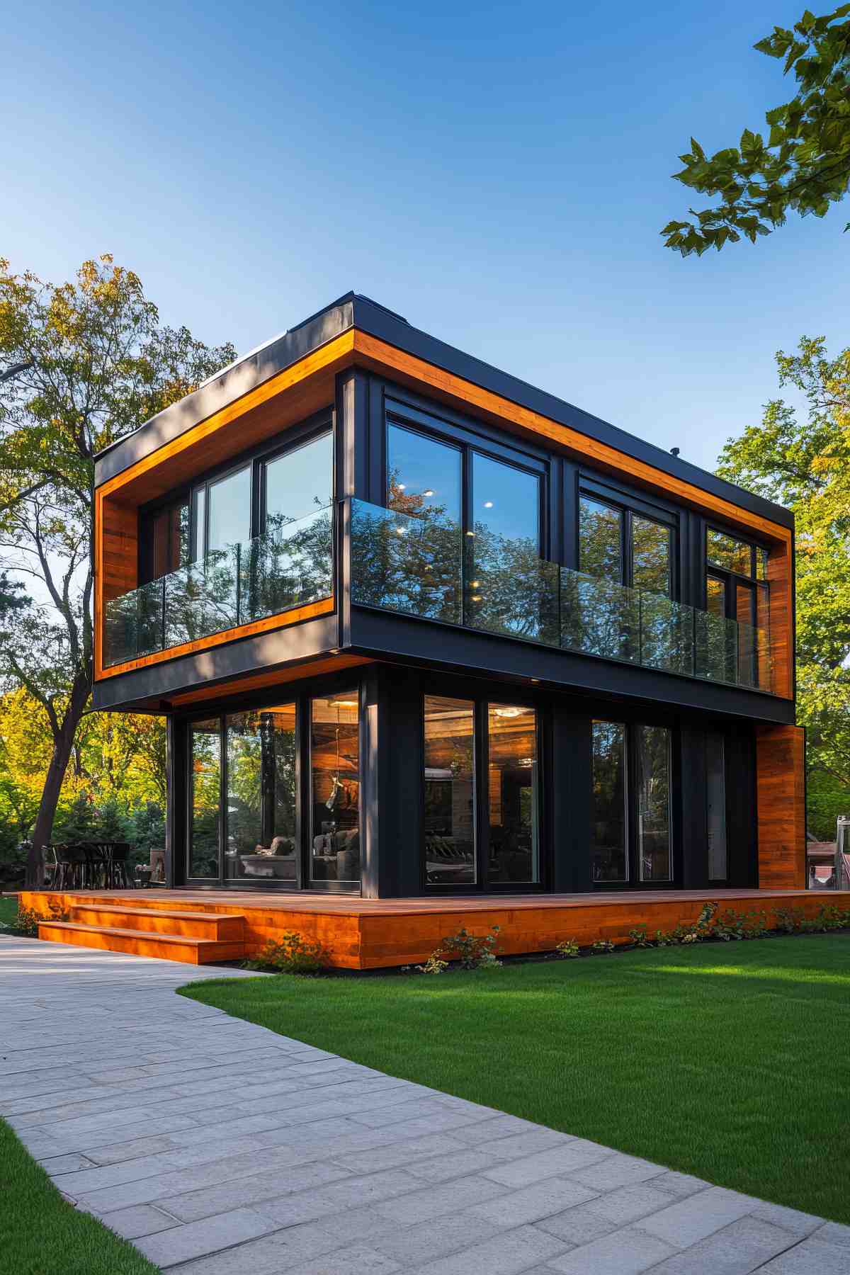 Glass-walled container home with forest views