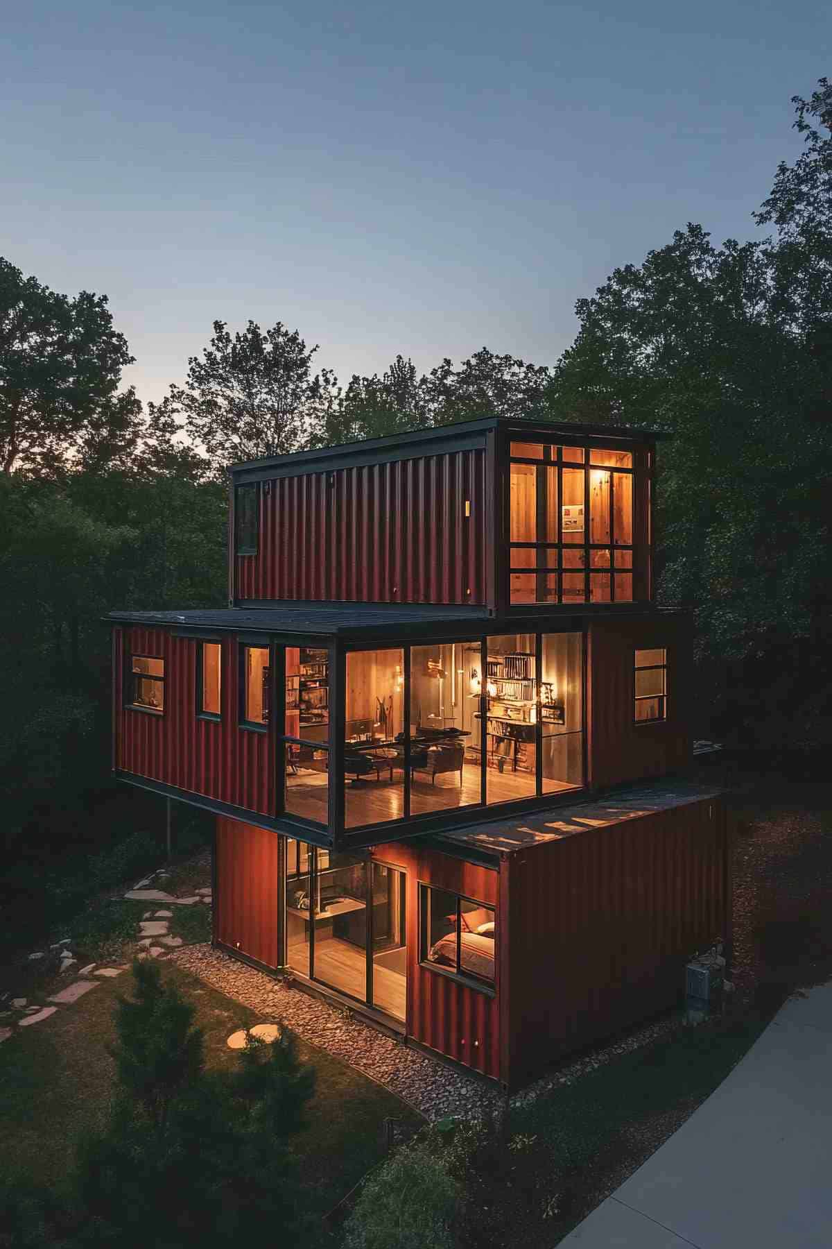 Two-level container house with a wooden deck