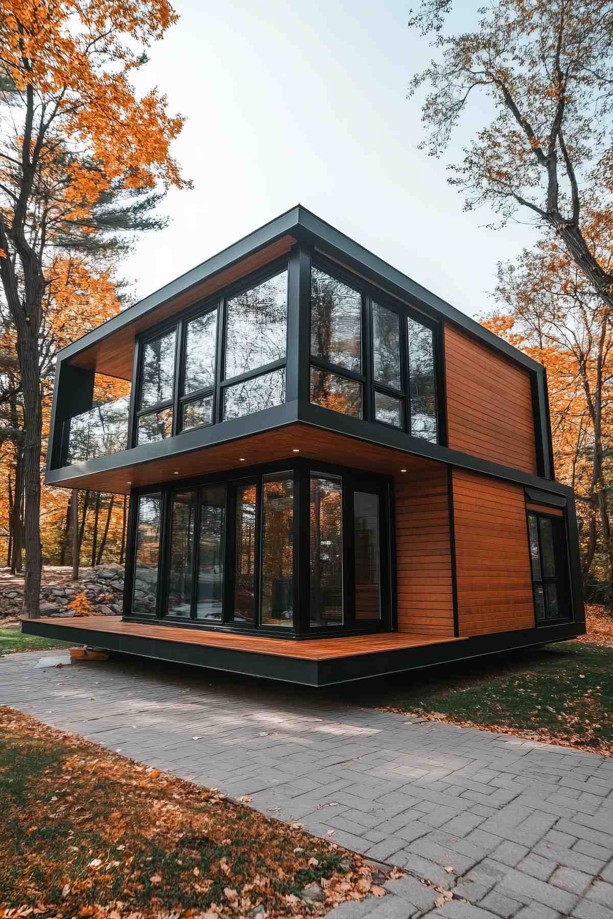 Sleek two-story container home with wooden exterior