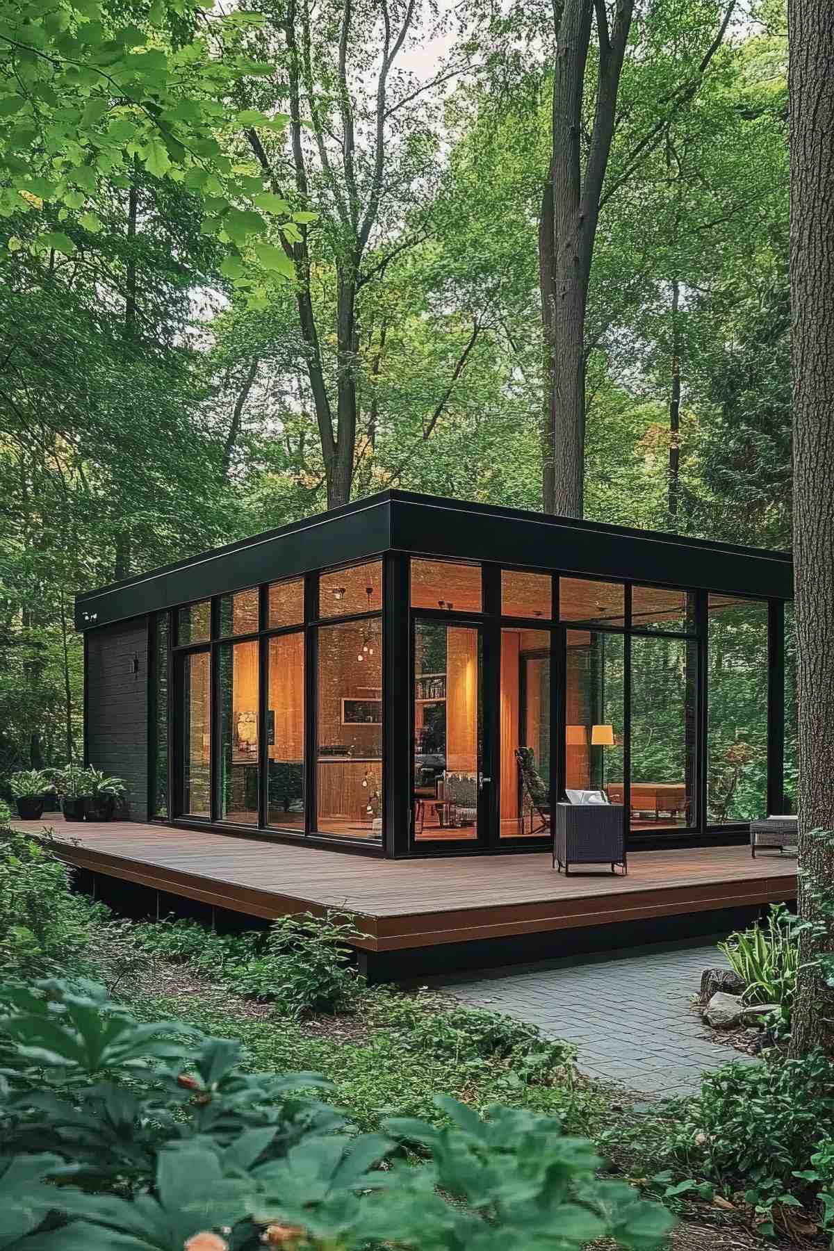 Cozy woodland container cabin with modern interiors