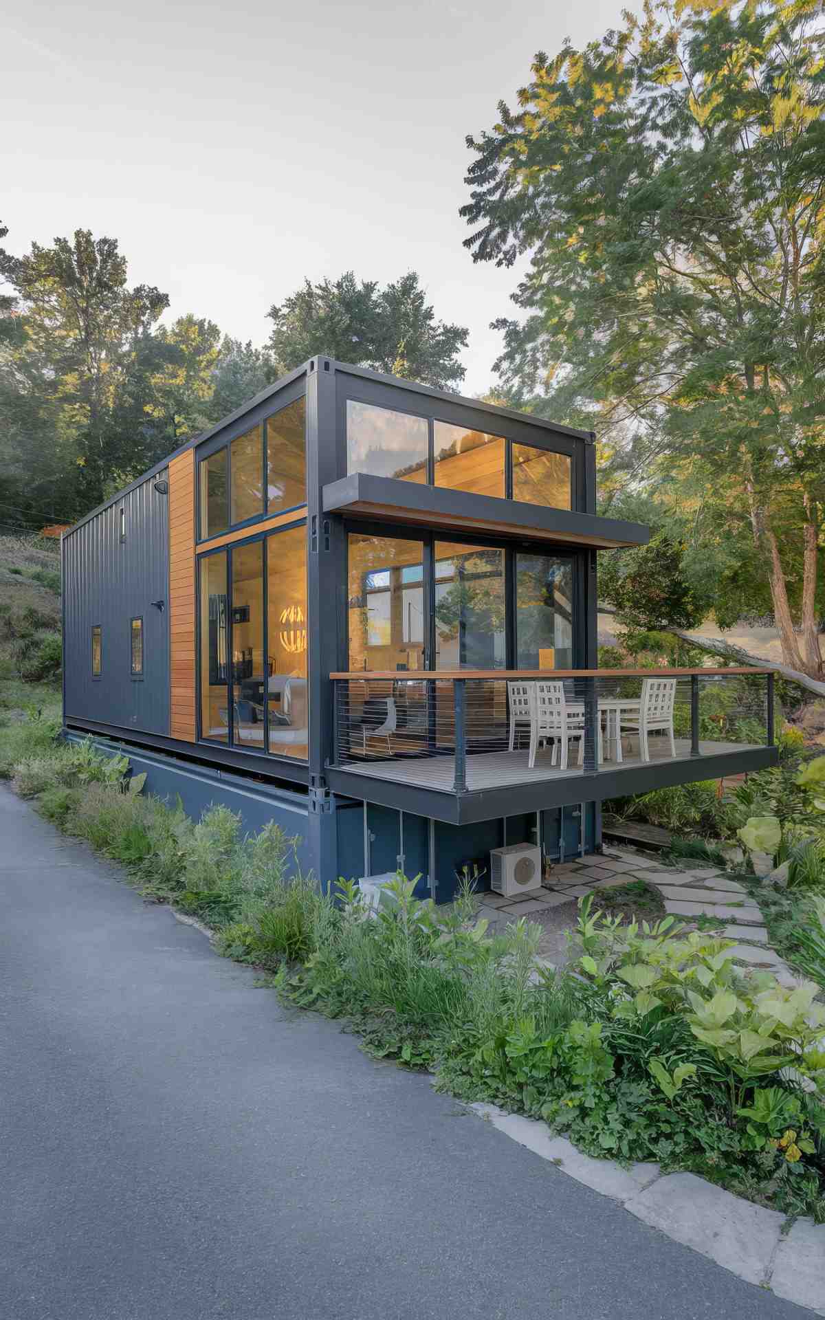 Contemporary container house with expansive deck