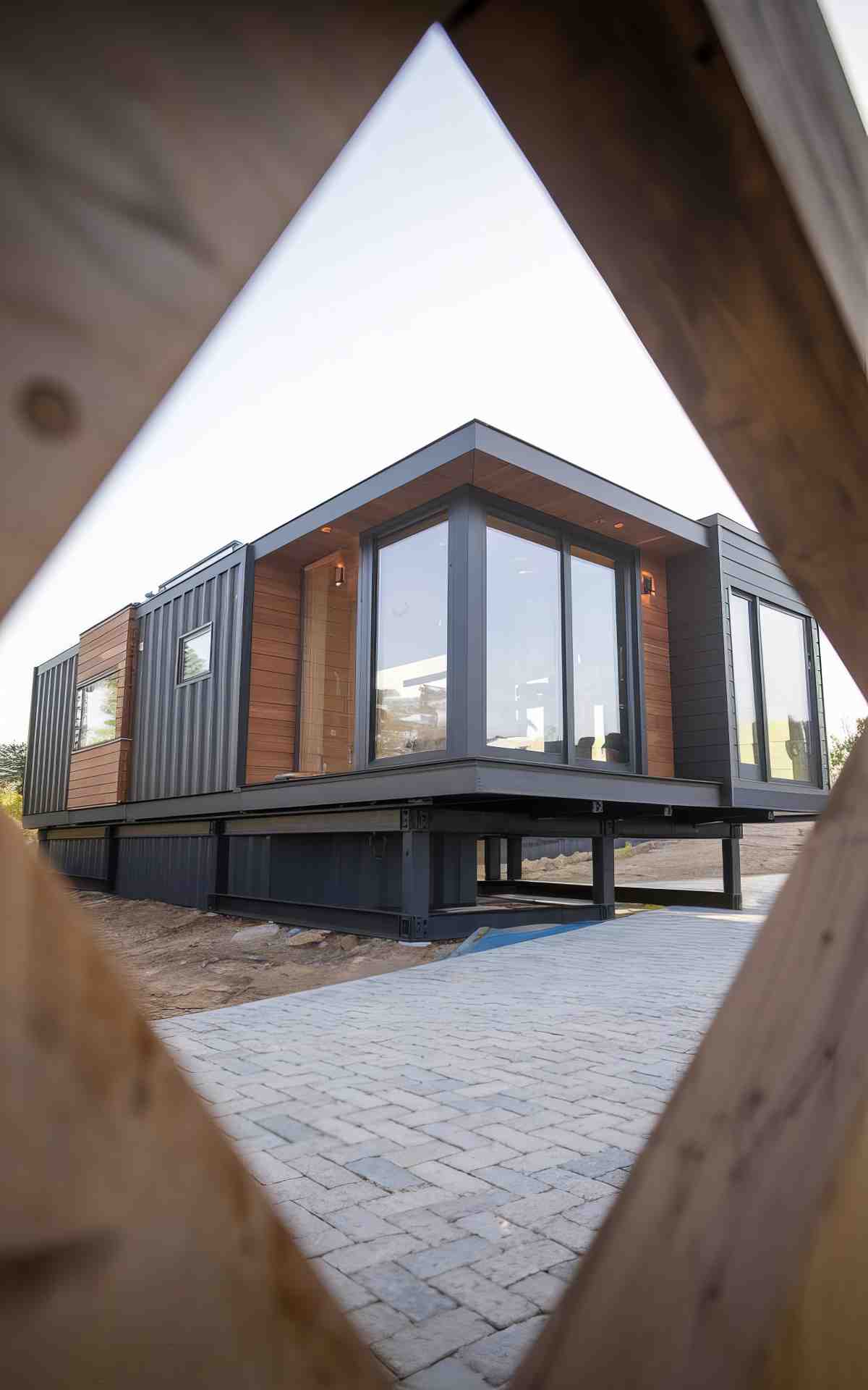 Modern container home with wooden exterior