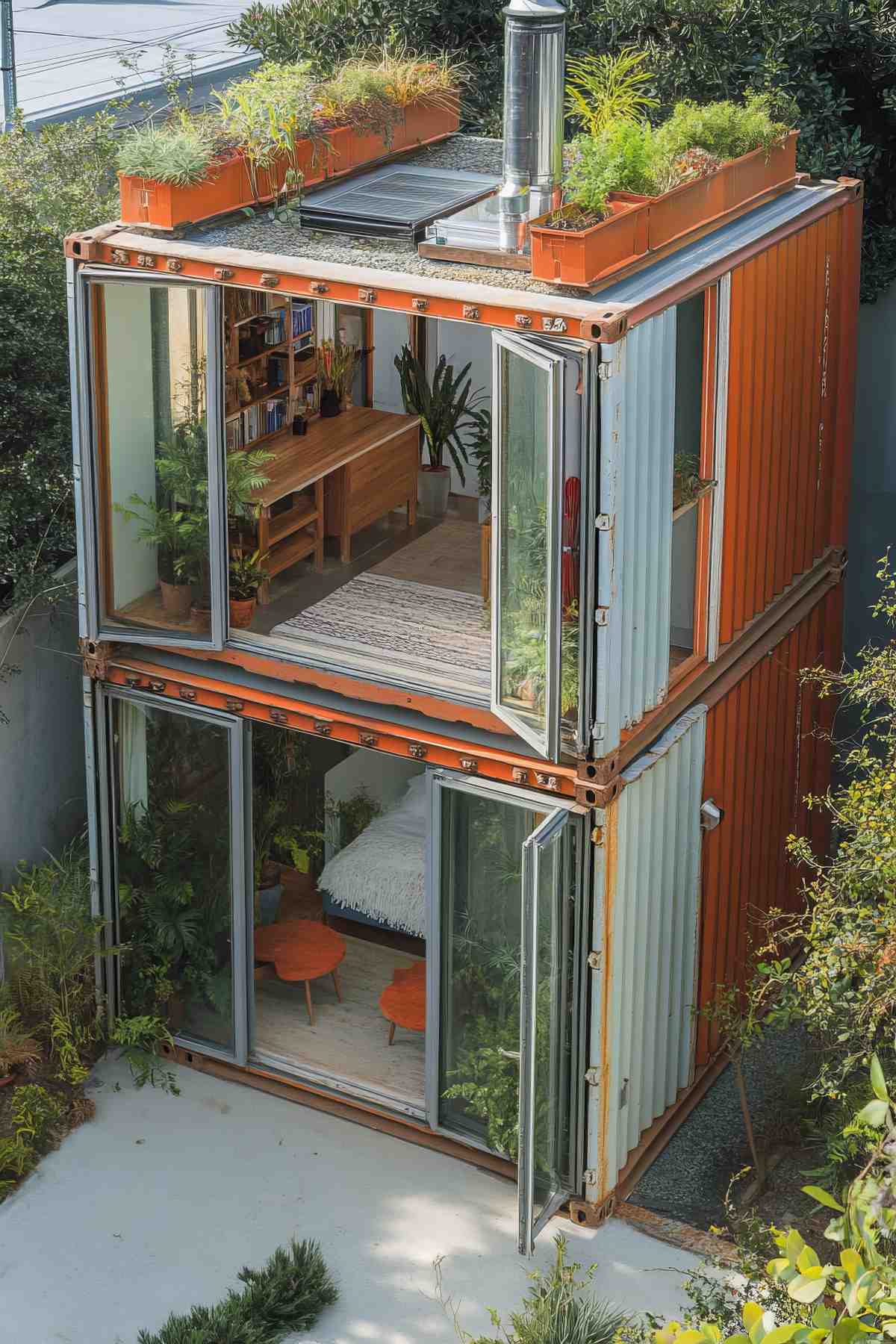 Industrial-inspired container home with large patio