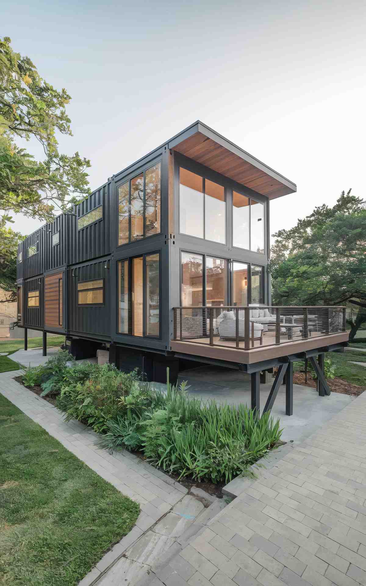 Stylish container house with floor-to-ceiling windows