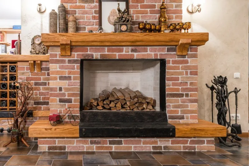 Rustic Brick Fireplace with Wooden Mantel