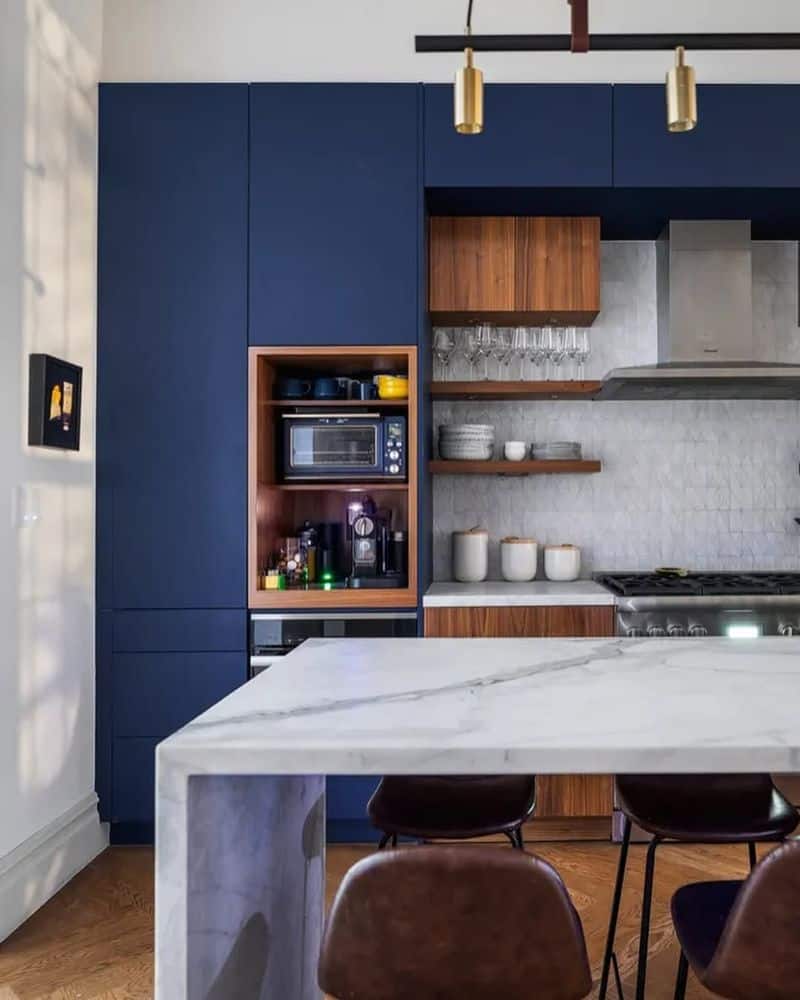 Blue Cabinets with Marble Accents