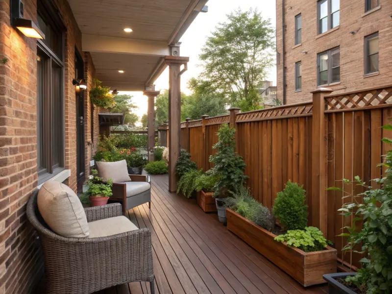 Wooden Balcony with Brick Facade