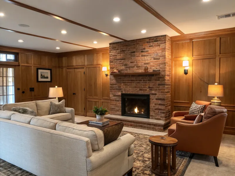 Wood-Panelled Wall with Brick Fireplace