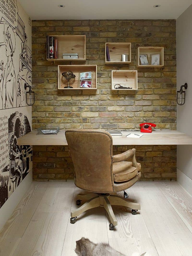 Exposed Brick Wall with Wooden Shelves