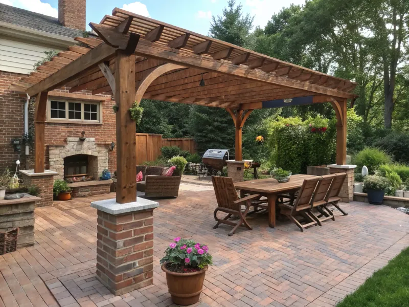 Brick Patio with Wooden Pergola