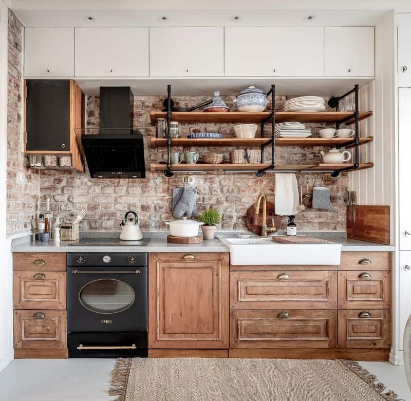 Brick Kitchen Backsplash with Wooden Cabinets