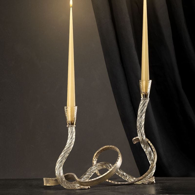 Ribbon Champagne Murano Glass and Hand-Curved Brass Candle Holder